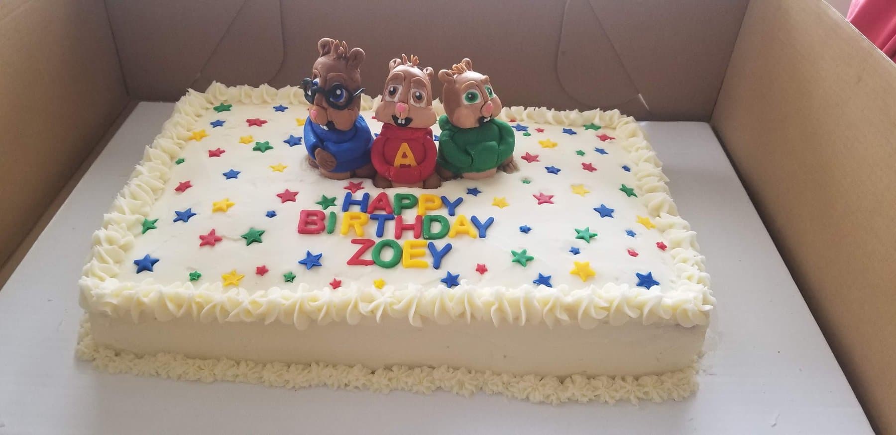 Alvin and the Chipmunks birthday sheet cake with colorful stars by Jamie Cakes.